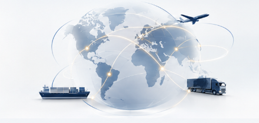 Conexões globais Brasil, EUA e Ásia com transporte aéreo, marítimo e rodoviário